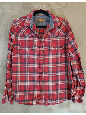 JACHS Girlfriend Size L Red Blue White Plaid Cotton Flannel Collared Shirt